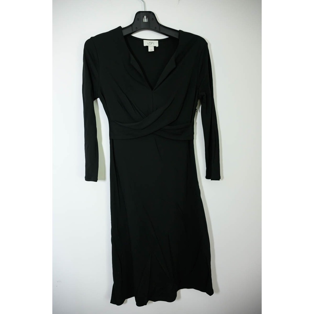 Ann Taylor LOFT Dress 0 Black Excellent Long Sleeve Faux Wrap V-Neck Jersey